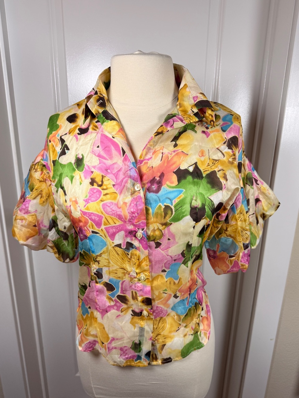 Lumiere Silk Floral Puff Sleeve Button-Up Blouse Shirt M